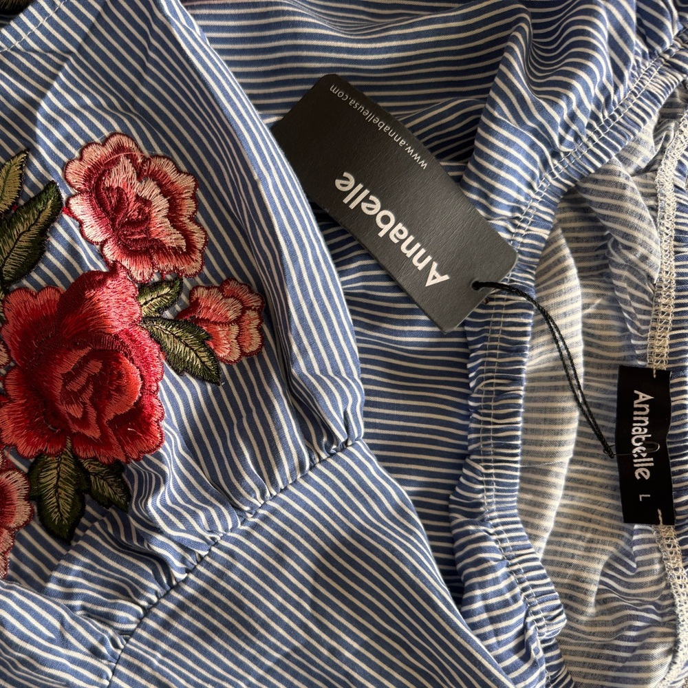Annabelle Blue Striped Off-Shoulder Blouse with Floral Embroidery - Picture 6 of 7